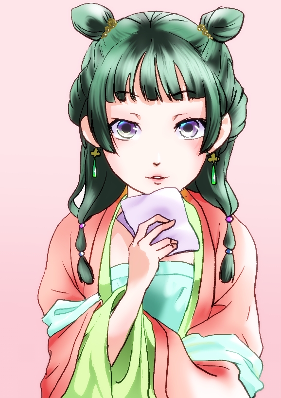 1girl, beads, drop_earrings, earrings, green_hair, hair_beads, hair_ornament, handkerchief, holding_handkerchief, jewelry, kusuriya_no_hitorigoto, looking_at_viewer, maomao_(kusuriya_no_hitorigoto), medium_bangs, pink_background, solo, upper_body, user_ktgj5528