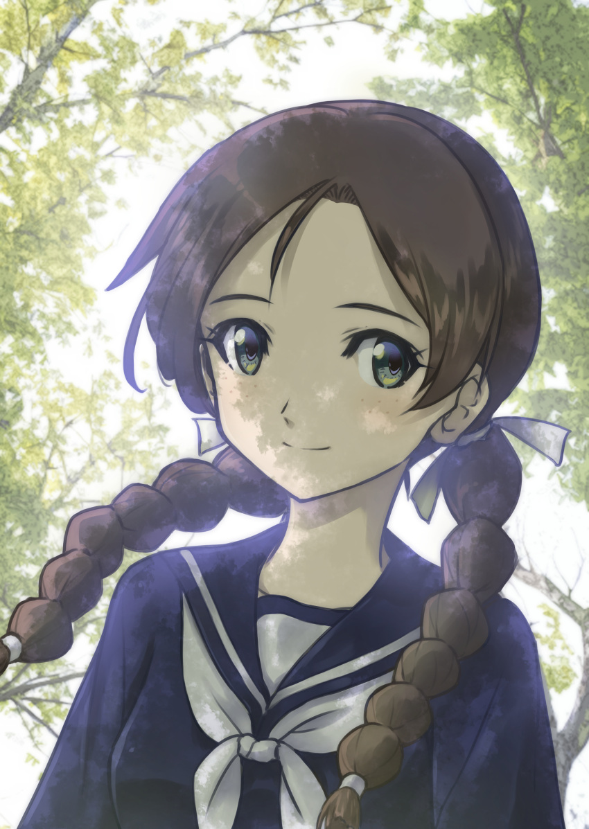 1girl, absurdres, blush, braid, brave_witches, breasts, brown_hair, closed_mouth