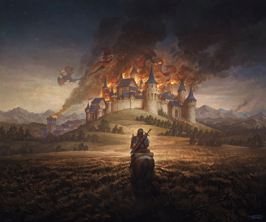 1boy, artist_name, breath_weapon, breathing_fire, brown_hair, building, burning, castle, city, commentary, destruction, dragon, english_commentary, evening, facing_away, fantasy, field, fire, flying, from_behind, gradient_sky, horse, horseback_riding, justin_gerard, landscape, medium_hair, mountainous_horizon, original, realistic, riding, scenery, signature, sky, smoke, star_(sky), starry_sky, sword, tree, weapon, weapon_on_back, western_dragon, wide_shot