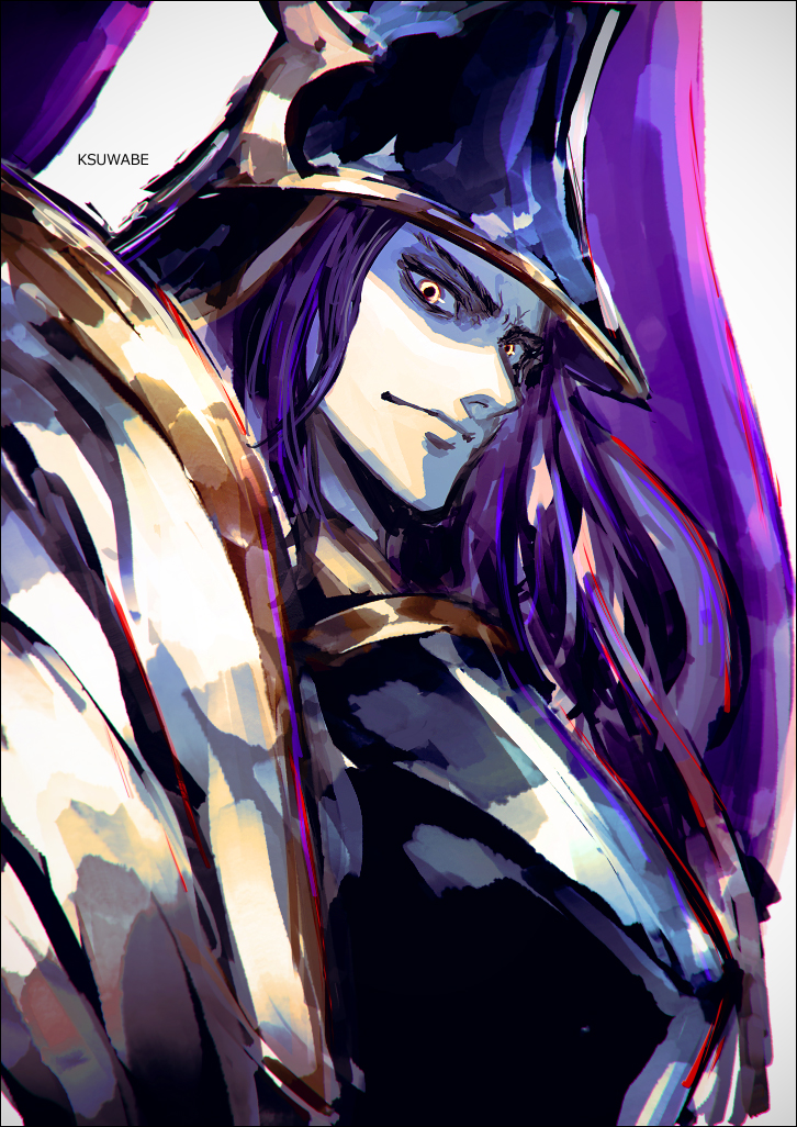 1boy, armor, black_headwear, colored_skin, fake_horns, fate/grand_order, fate_(series), grimace