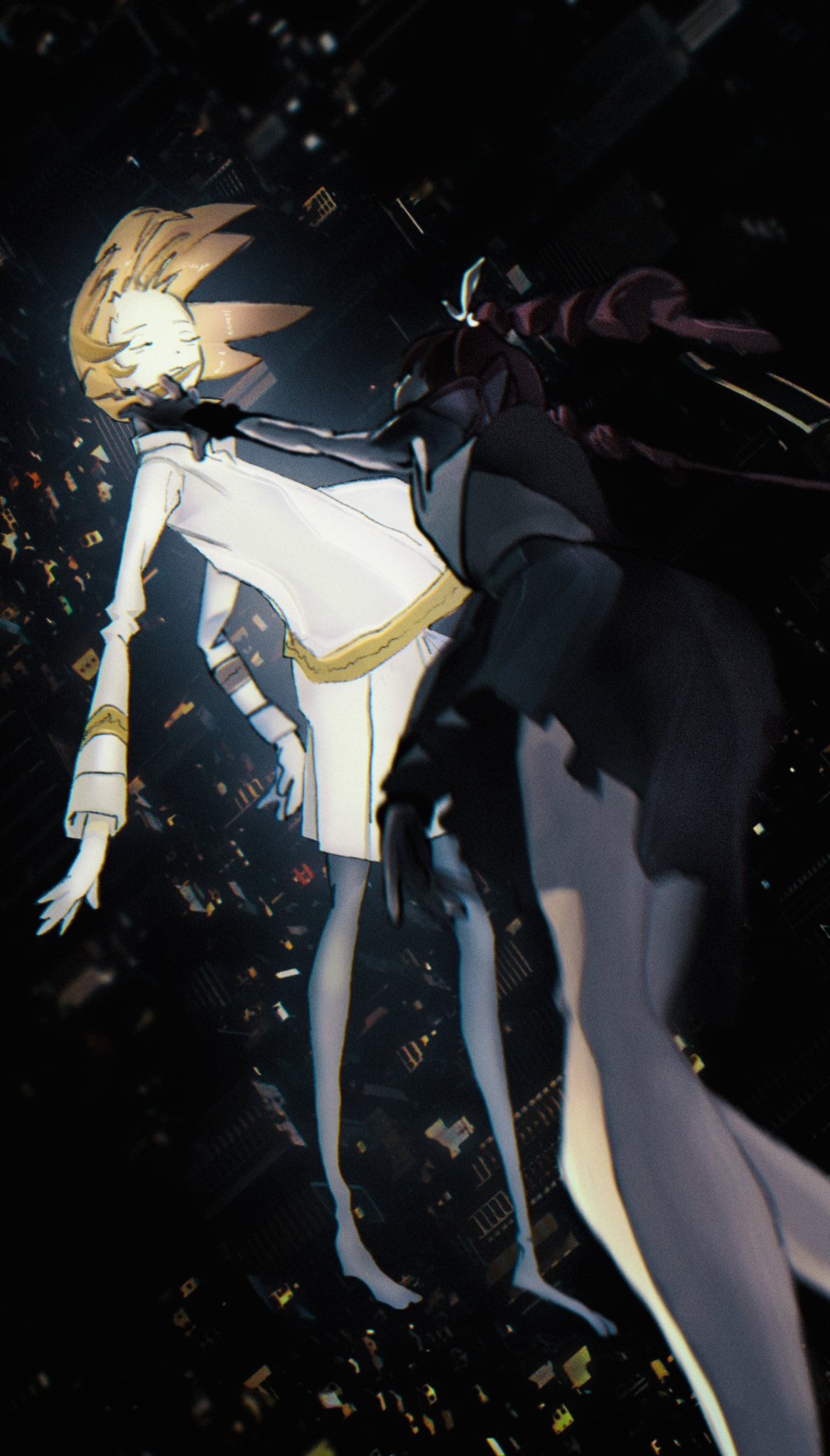 2girls, a.i._voice, adachi_rei, cityscape, closed_eyes, closed_mouth, commentary, drill_hair