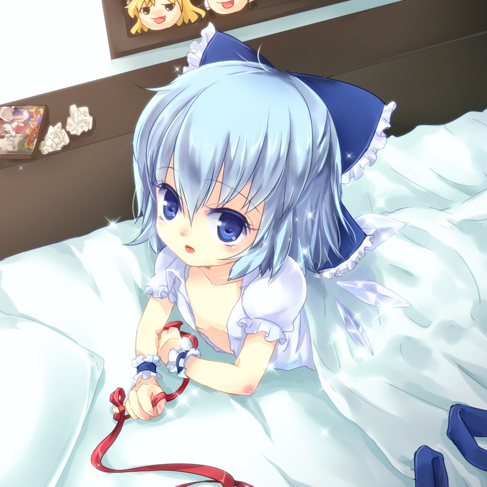blue_eyes, blue_hair, bow, cirno, hair_bow, hakurei_reimu, kirisame_marisa, kurokiri, lipstick, looking_at_viewer, no_bra, open_clothes, open_shirt, red_string, ribbon, shirt, short_hair, sparkle, tissue, touhou, wings, wrist_cuffs, yukkuri_shiteitte_ne