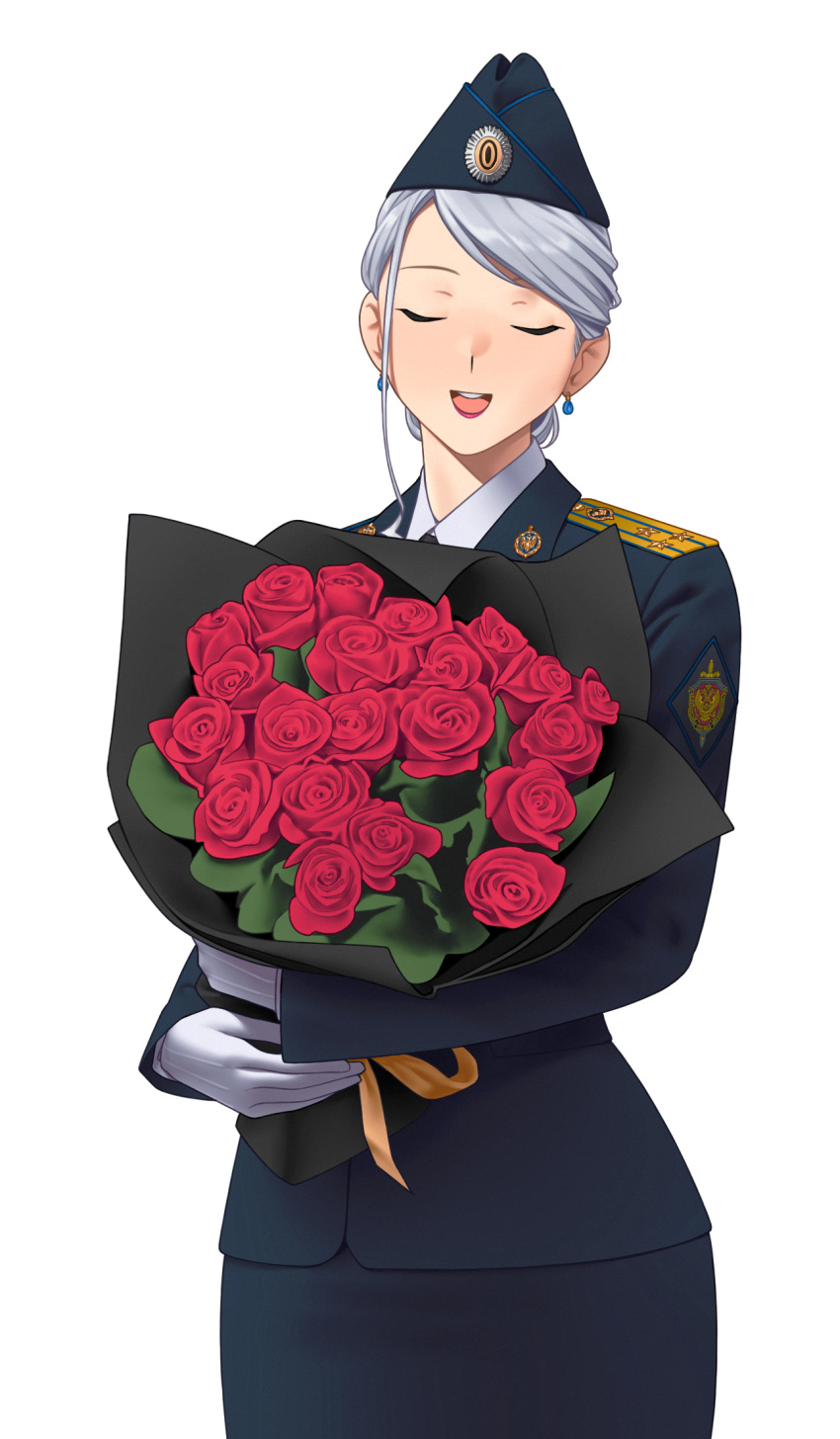 1girl, ak-12_(girls'_frontline), alternate_costume, alternate_hairstyle, black_jacket, black_skirt, bouquet, collar