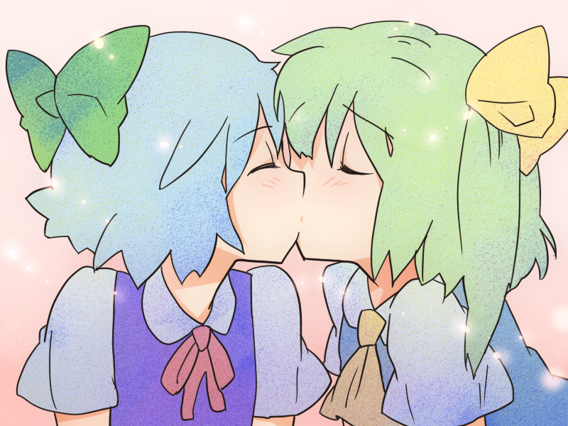 blue_hair, cirno, closed_eyes, daiyousei, kiss, multiple_girls, mutual_yuri, narumi, narumi_(momo27), short_hair, touhou, yuri