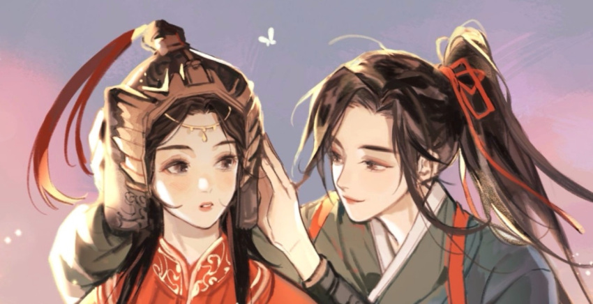 2girls, armor, black_hair, blush, bridle, brown_eyes, bug, butterfly