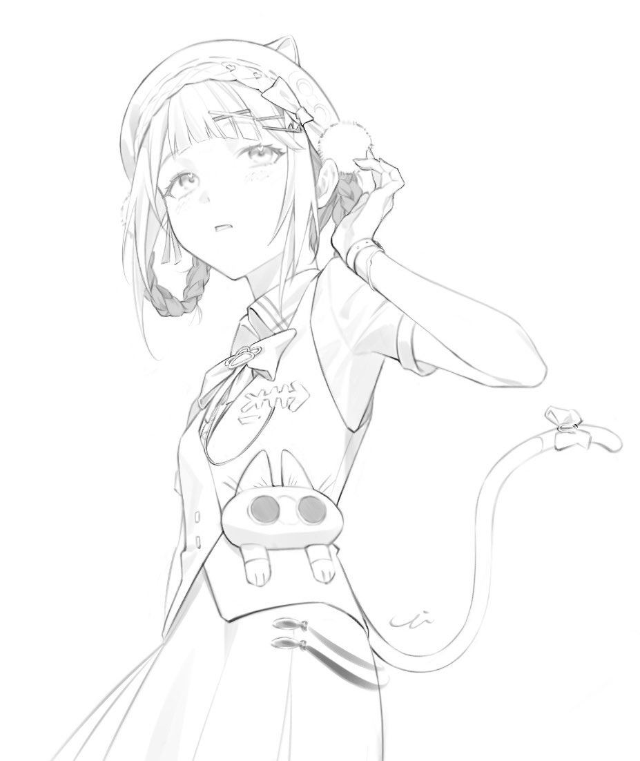 1girl, bambinata_(punishing:_gray_raven), bob_cut, bow, braid, cat_tail, cheng_(zi74438982), collared_shirt