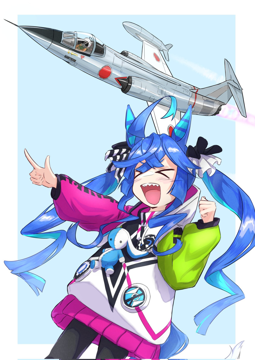 >_<, 1girl, 1other, :d, ahoge, aircraft, airplane, animal_ears, aqua_hair, black_leggings, blue_hair, border, bow, clenched_hand, closed_eyes, commentary, corrupted_twitter_file, cowboy_shot, crossed_bangs, drawstring, f-104_(flight_highschool), fighter_jet, hair_bow, hands_up, highres, hood, hoodie, horse_ears, horse_girl, horse_tail, japan_air_self-defense_force, japan_self-defense_force, jet, leggings, light_blue_background, long_hair, long_sleeves, military, military_vehicle, multicolored_clothes, multicolored_hair, multicolored_hoodie, open_mouth, outside_border, outstretched_arm, pilot, pointing, ram_(p_searam), sharp_teeth, sidelocks, simple_background, smile, striped_bow, stuffed_animal, stuffed_rabbit, stuffed_toy, tail, teeth, twin_turbo_(umamusume), twintails, two-tone_hair, umamusume, upper_teeth_only, white_border