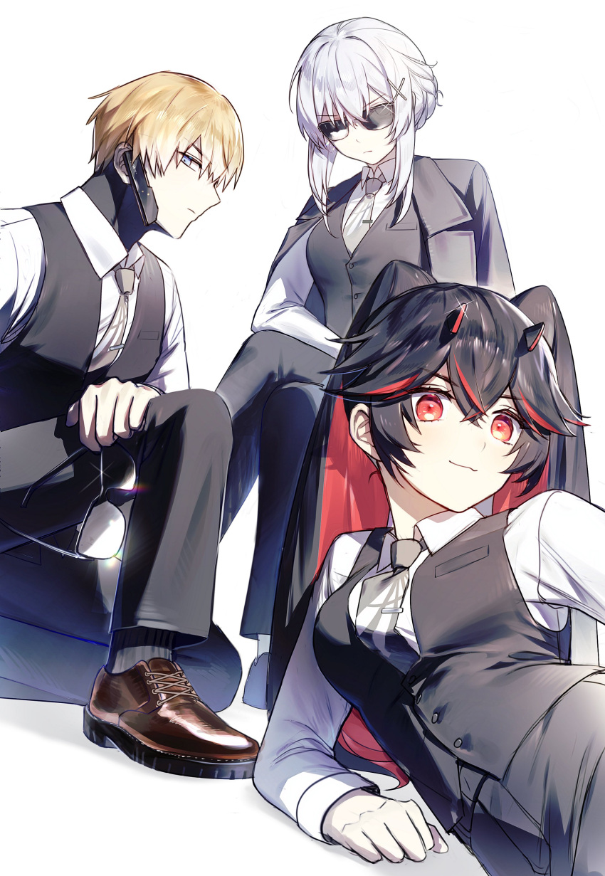 1boy, 2girls, absurdres, alternate_costume, black_jacket, black_pants, blue_eyes, braid