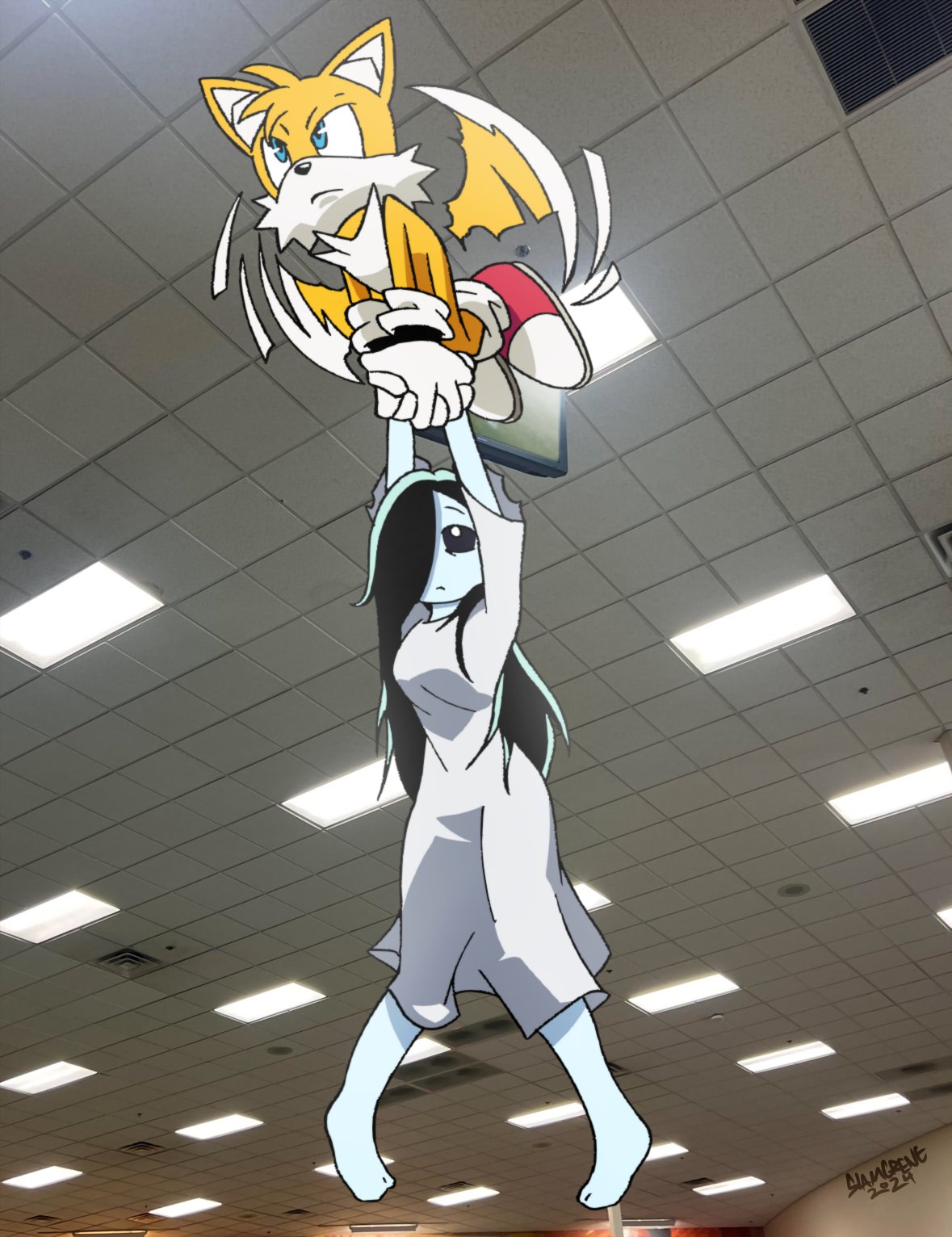 1boy, 1girl, animal_ears, artist_name, barefoot, black_hair, black_sclera, blue_eyes, blue_skin, breasts, ceiling, colored_sclera, colored_skin, crossover, dress, extra_tails, fluorescent_lamp, flying, fox_boy, fox_ears, furry, highres, large_breasts, long_hair, meme, midair, orange_fur, pale_skin, photo_background, red_shoes, sadako_ceiling_tv_redraws_(meme), shoes, slamgrene, sonic_(series), tails_(sonic), television, the_ring, white_dress, yamamura_sadako