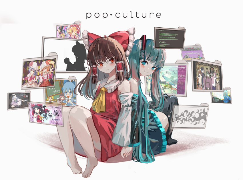 2girls, bad_apple!!, barefoot, black_thighhighs, blue_skirt, brown_hair, calc._(vocaloid), commentary