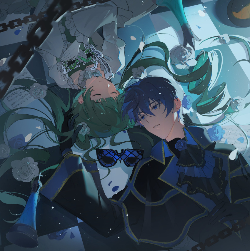 1boy, 1girl, absurdres, aqua_hair, ascot, black_ascot, black_coat, blue_ascot