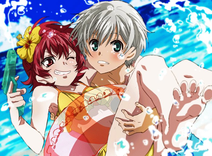 1boy, 1girl, barefoot, flower, fumiko_(mesushi), green_eyes, hair_flower, hair_ornament, iria_animi, looking_at_viewer, ocean, one_eye_closed, red_eyes, redhead, ruca_milda, short_hair, smile, soles, swimsuit, tales_of_(series), tales_of_innocence, very_short_hair, water, water_gun, white_hair