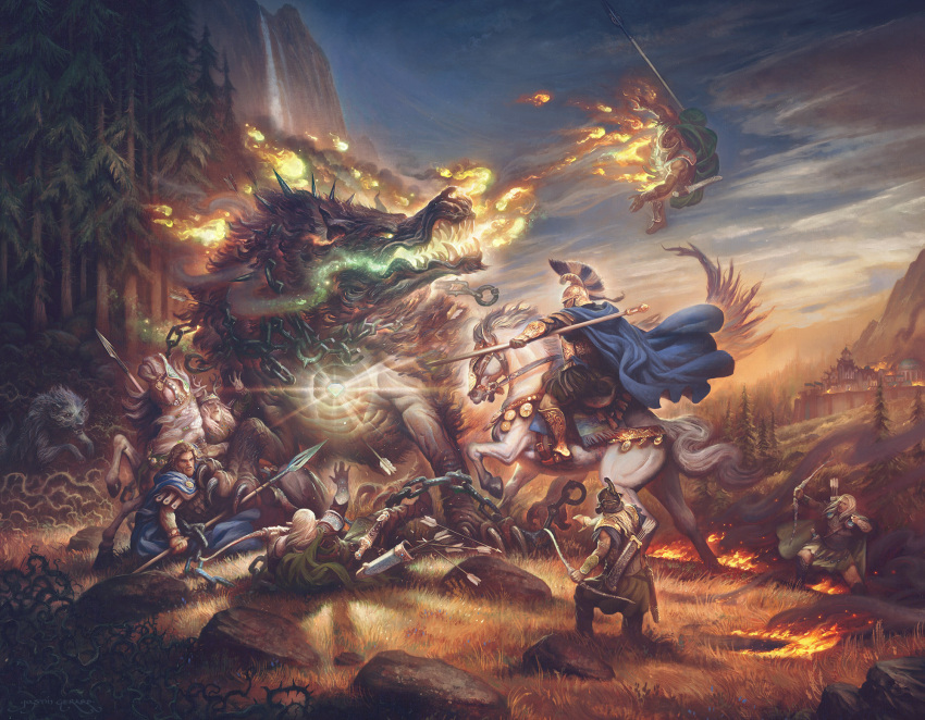 6+boys, armor, arrow_(projectile), battle, beren, blonde_hair, blue_cape, blue_sky, bow_(weapon), breath_weapon, breathing_fire, burning, cape, carcharoth, chain, character_request, claws, clouds, commentary, english_commentary, evening, fallen_down, fantasy, field, fire, from_side, full_armor, glowing, glowing_eyes, glowing_mouth, grass, greaves, helm, helmet, highres, holding, holding_bow_(weapon), holding_polearm, holding_weapon, horse, horseback_riding, justin_gerard, midair, monster, multiple_boys, on_one_knee, open_mouth, outdoors, pine_tree, plant, polearm, quiver, realistic, reins, riding, rock, saddle, scenery, sharp_teeth, signature, silmaril_(gem), sitting, sky, spear, spikes, teeth, the_silmarillion, tolkien's_legendarium, tree, vines, weapon