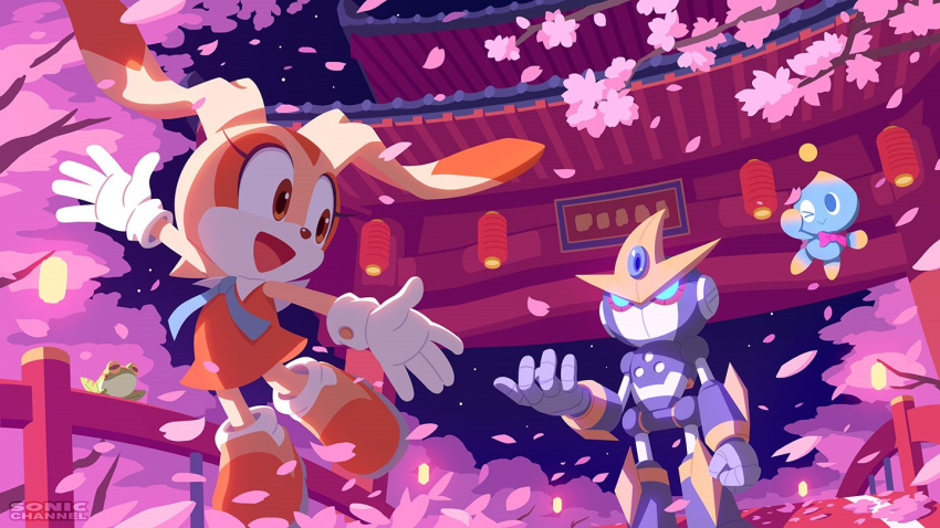 1girl, animal_ears, bow, bowtie, brown_eyes, chao_(sonic), cheese_(sonic), cherry_blossoms