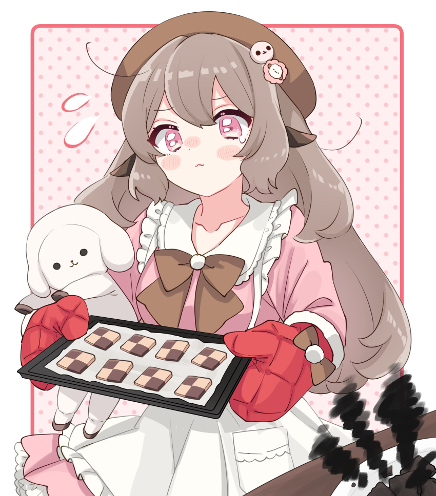 1girl, absurdres, animal_ears, apron, baking, baking_sheet, beret, blush_stickers, bow, bowtie, brown_bow, brown_bowtie, brown_hair, brown_headwear, closed_mouth, dress, estelle_(vtuber), flying_sweatdrops, food, frilled_dress, frills, hat, highres, indie_virtual_youtuber, long_hair, oven_mitts, pink_dress, pink_eyes, pom_pom_(clothes), second-party_source, sheep_ears, sheep_girl, solo, stuffed_animal, stuffed_sheep, stuffed_toy, sukoyaka_(100hituzi), virtual_youtuber, white_apron