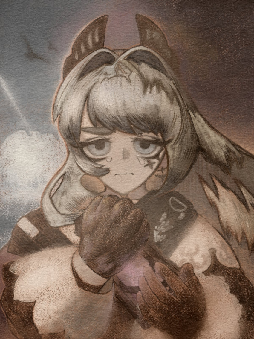 1girl, arknights, black_gloves, commentary, english_commentary, gloves, grey_eyes, grey_hair