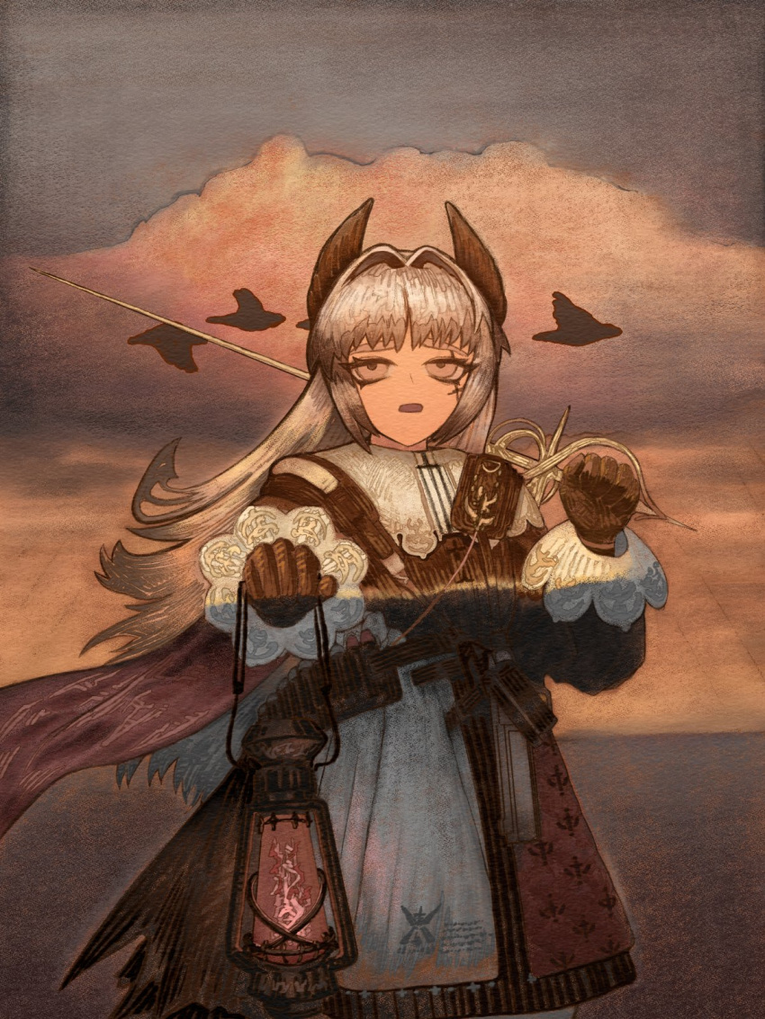 1girl, ammunition_belt, arknights, belt, black_gloves, commentary, english_commentary, fire