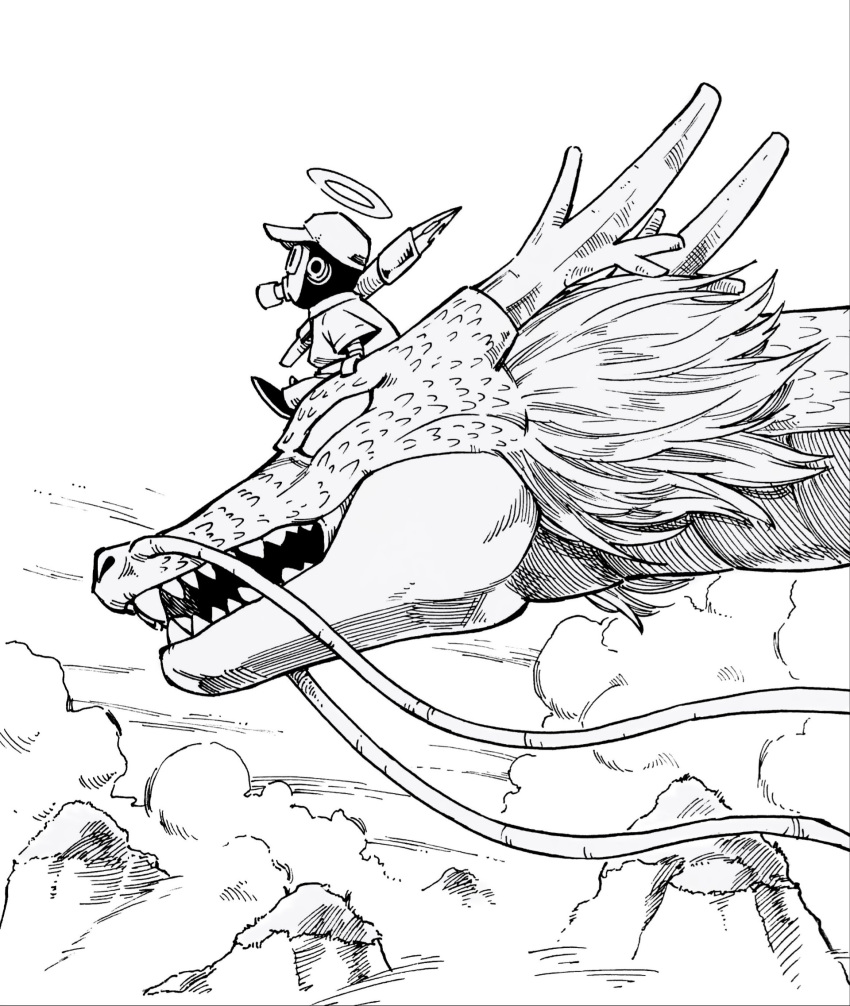 1boy, andony_strawhat, clouds, dragon, dragon_ball, eastern_dragon, empty_eyes, hat
