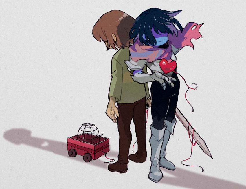 2others, :|, androgynous, armor, back-to-back, black_bodysuit, black_hair, blue_skin