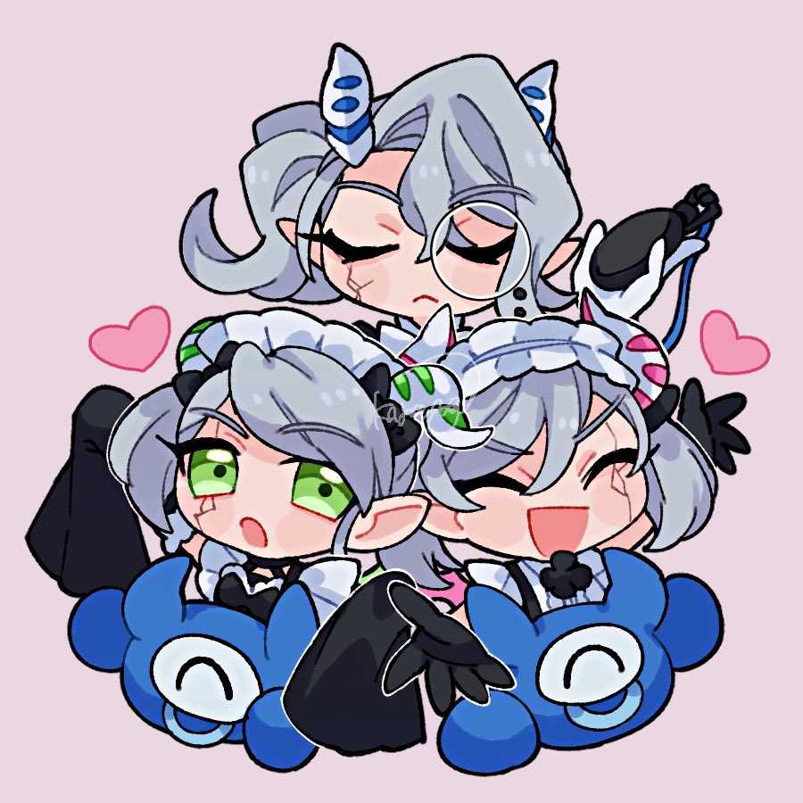 3girls, arianna_the_labrynth_servant, arianne_the_labrynth_servant, arias_the_labrynth_butler, black_gloves, butler, chibi, closed_eyes, closed_mouth, demon_girl, demon_horns, duel_monster, female_butler, gloves, green_eyes, grey_hair, hair_tie, heart, horns, karaage_bentou_(28grtm), maid, maid_headdress, monocle, multiple_girls, open_mouth, pink_background, pocket_watch, pointy_ears, ponytail, short_hair, simple_background, sleeveless, twintails, very_long_sleeves, watch, white_gloves, wide_sleeves, yu-gi-oh!