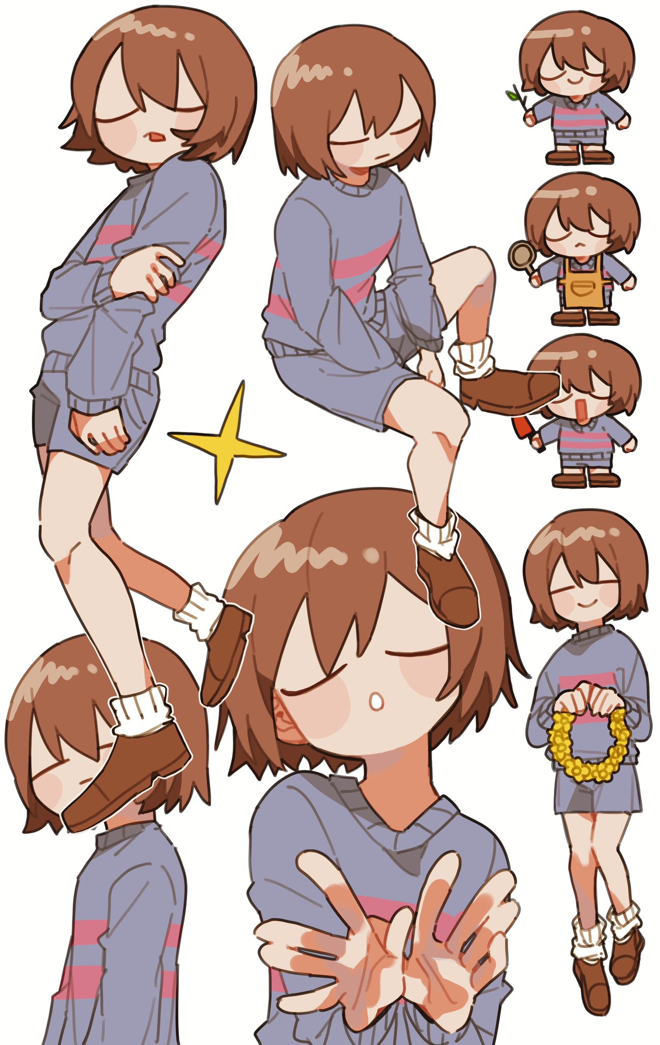 1other, :|, =_=, androgynous, between_legs, blue_shorts, blue_sweater, blush_stickers