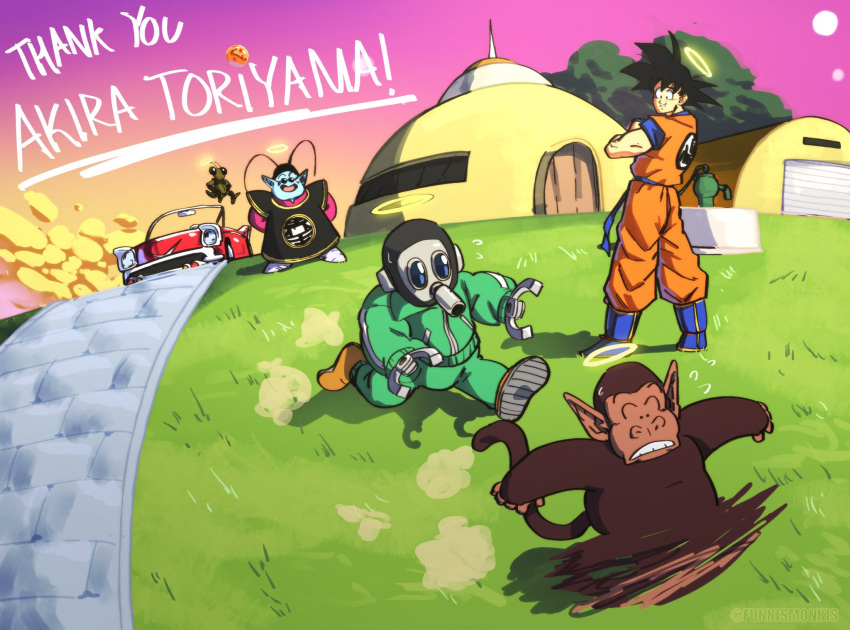 5boys, blue_footwear, blue_shirt, bubbles_(dragon_ball), car, crossed_arms, dragon_ball, dragon_ball_z