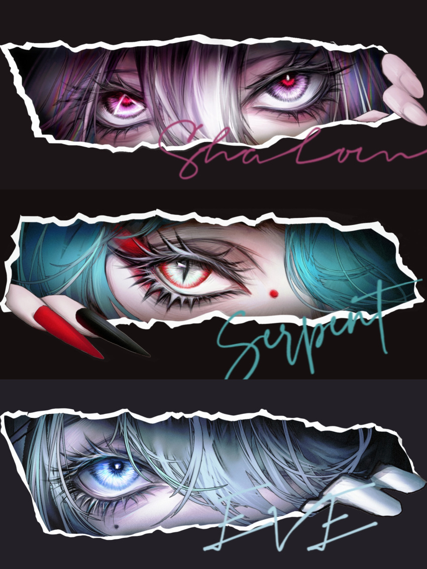 3girls, absurdres, aegyo_sal, aqua_hair, black_nails, blue_eyes, character_name, chinese_commentary