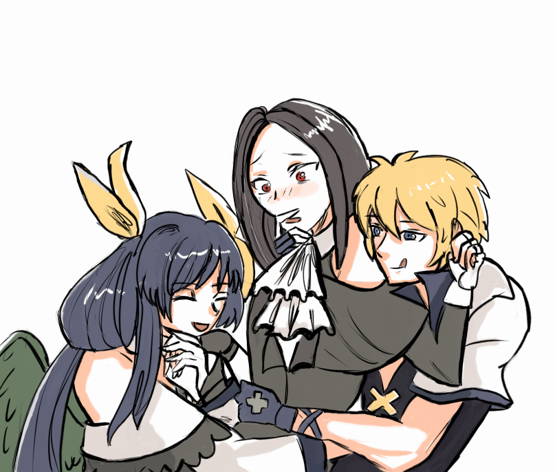 1boy, 1girl, 1other, black_hair, blonde_hair, blue_eyes, couple, dizzy_(guilty_gear), guilty_gear, guilty_gear_strive, hug, kissing_hand, ky_kiske, ot3, otp, red_eyes, tesdizzy, testament_(guilty_gear)