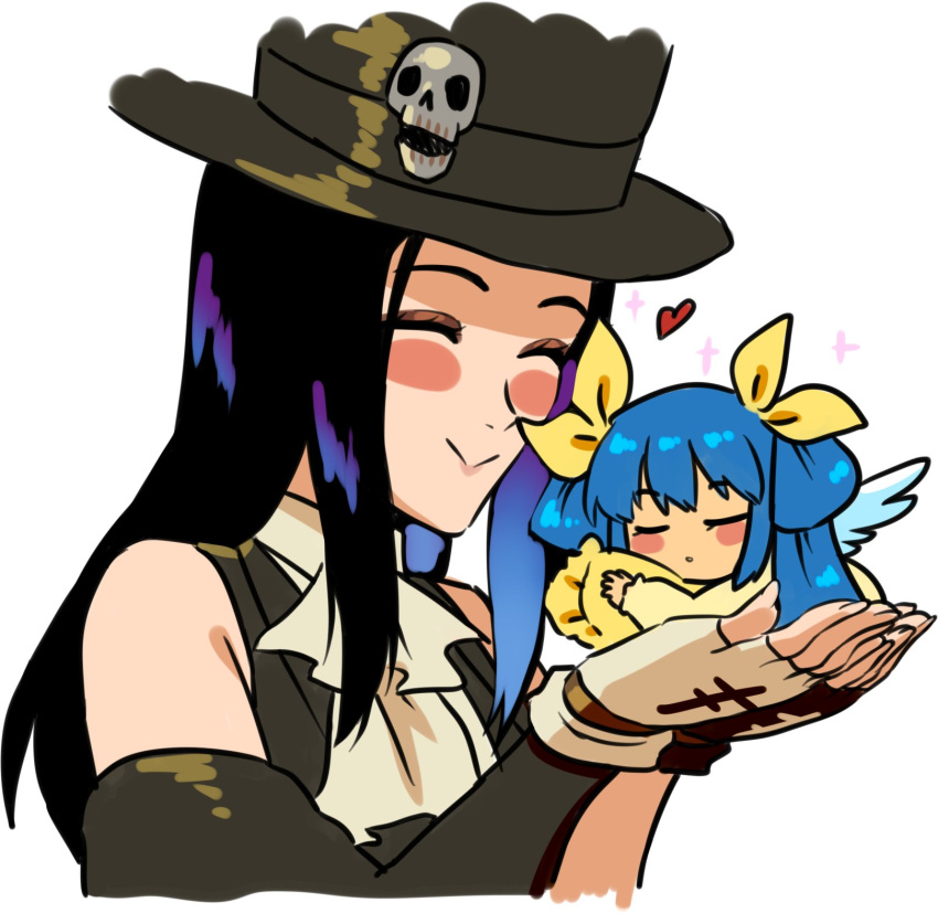 1other, angel_wings, ascot, asymmetrical_sleeves, bare_shoulders, black_hair, blue_hair, chibi, dizzy_(guilty_gear), fingerless_gloves, gloves, guilty_gear, guilty_gear_strive, hair_rings, hat, hat_ornament, heart, highres, holding, kitsune23star, long_hair, pillow, red_eyes, ribbon, skull_hat_ornament, sleeping, tail, tail_ornament, testament_(guilty_gear), top_hat, white_ascot, wings, yellow_ribbon