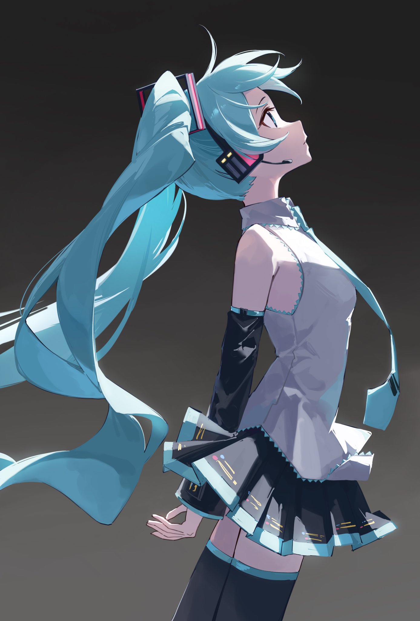 1girl, aqua_eyes, aqua_hair, aqua_necktie, black_footwear, black_skirt, black_sleeves, boots