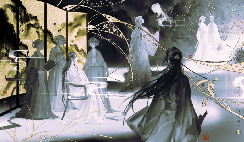 2boys, 3girls, blunt_bangs, chair, cheng_qian, chinese_clothes, chinese_commentary, closed_eyes, folding_screen, from_behind, hair_rings, hand_fan, hand_on_own_chin, hanfu, high_ponytail, highres, holding, holding_fan, holding_sword, holding_tray, holding_weapon, incense_burner, limited_palette, liu_yao, long_hair, long_sleeves, multiple_boys, multiple_girls, multiple_views, plant, sash, sitting, smoke, sword, tassel, tray, weapon, wide_sleeves, xiao_guan_(headdress), yan_zhengming, yiping_haihuo
