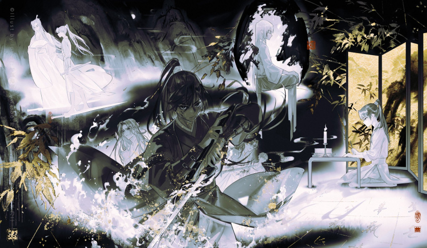 2boys, blood, blood_on_face, book, book_stack, bright_pupils, calligraphy_brush, candle, cheng_qian, chinese_clothes, chinese_commentary, closed_mouth, desk, folding_fan, folding_screen, hair_down, hand_fan, hanfu, high_ponytail, highres, holding, holding_brush, holding_fan, holding_sheath, holding_sword, holding_weapon, limited_palette, liu_yao, long_hair, long_sleeves, looking_at_viewer, mountain, multiple_boys, multiple_views, paintbrush, plant, sash, seiza, serious, sheath, sitting, smoke, sword, water, weapon, white_pupils, wide_sleeves, wind, wind_lift, xiao_guan_(headdress), yan_zhengming, yiping_haihuo