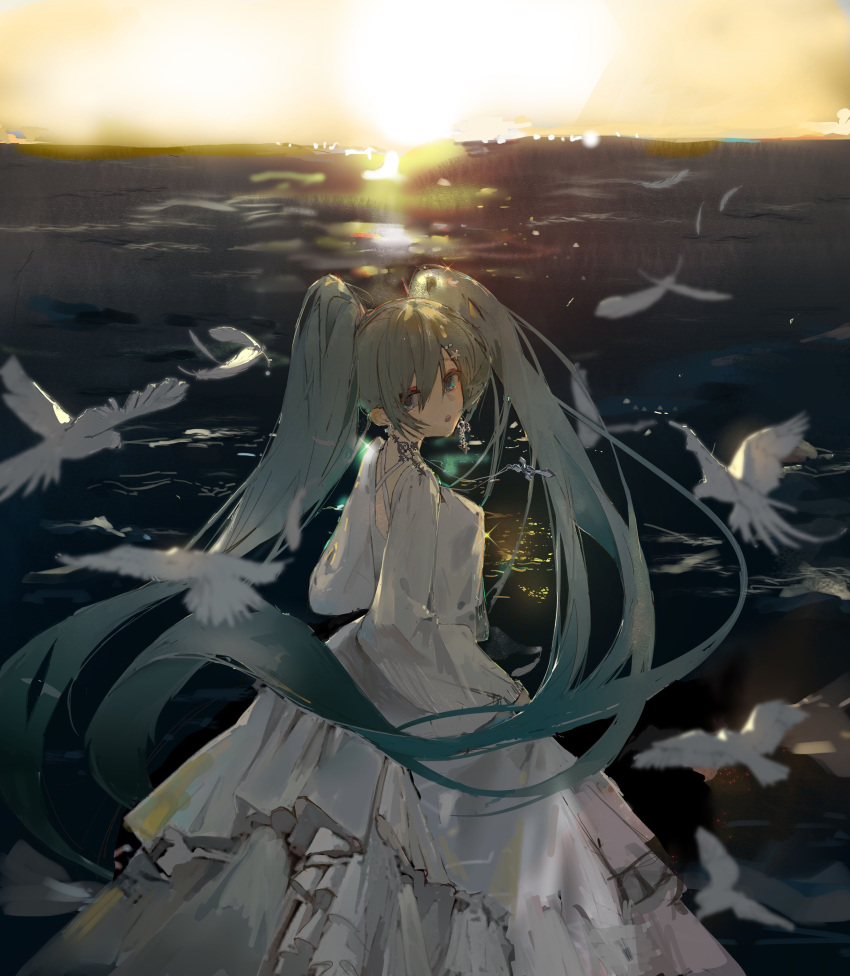 1girl, absurdres, aqua_eyes, aqua_hair, bird, dongsen_xuntu, dress, earrings