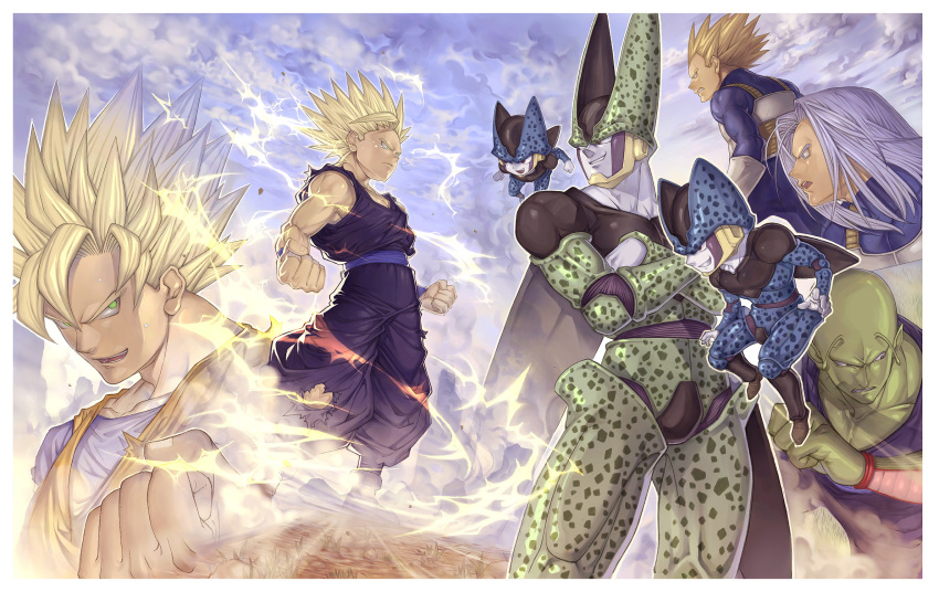 aura, blonde_hair, blue_hair, cell_(dragon_ball), cell_junior, clenched_hand, clenched_hands, crossed_arms, dragon_ball, dragon_ball_z, epic, fist, green_eyes, green_skin, grin, highres, katsutake, male, multiple_boys, muscle, piccolo, profile, purple_hair, silver_hair, smile, son_gohan, son_goku, son_gokuu, spiked_hair, spiky_hair, super_saiyan, super_saiyan_2, torn_clothes, trunks_(dragon_ball), vegeta