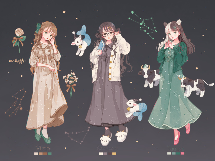 3girls, adjusting_eyewear, animal_slippers, bell, black_background, black_hair, book, bow