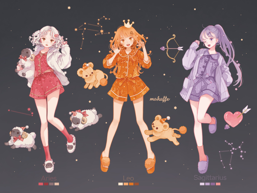 3girls, :d, animal_slippers, aries_(constellation), aries_(zodiac), black_background, bow, braid