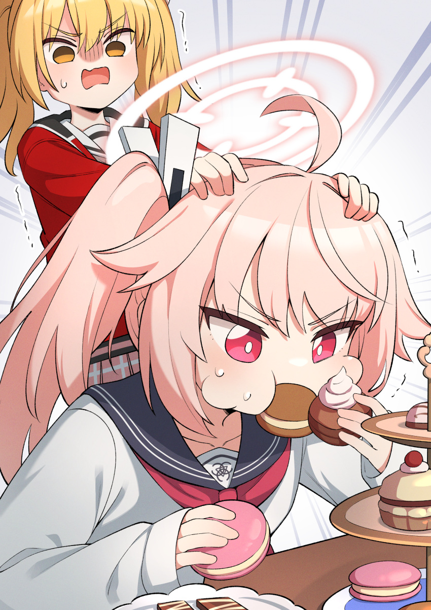2girls, absurdres, ahoge, blonde_hair, blue_archive, bright_pupils, commentary, cupcake