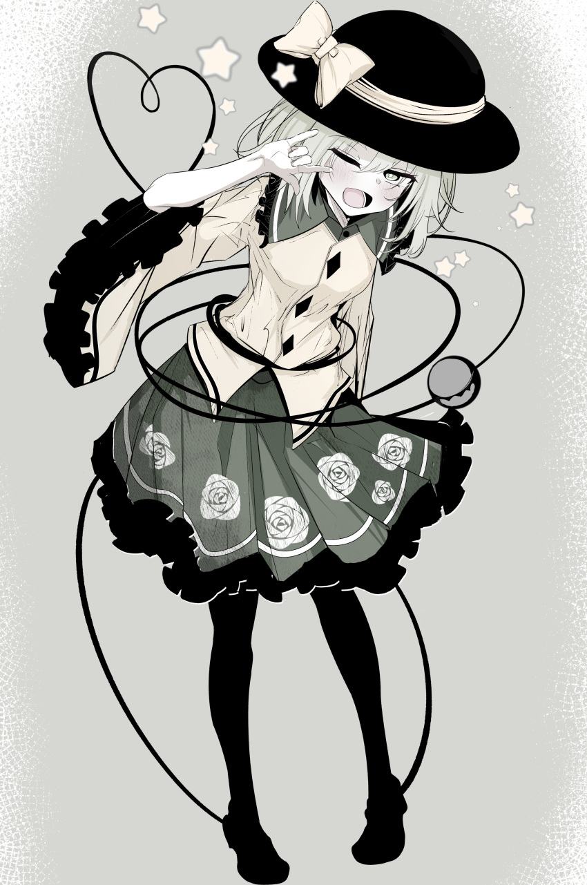 1girl, absurdres, black_footwear, black_headwear, black_thighhighs, floral_print, green_eyes, green_hair
