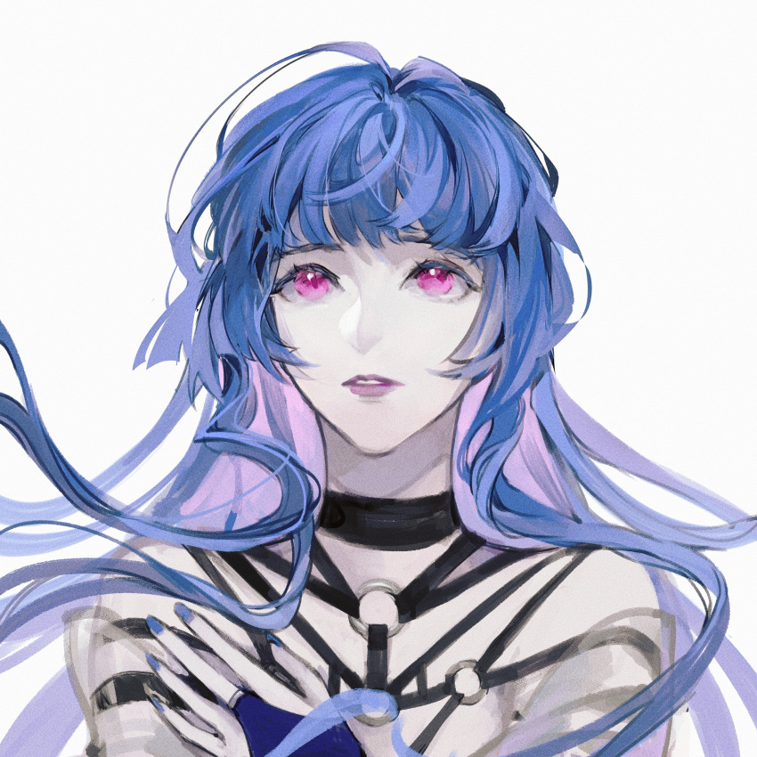 1girl, absurdres, ahoge, bare_shoulders, black_choker, blue_hair, blue_nails, blue_sleeves