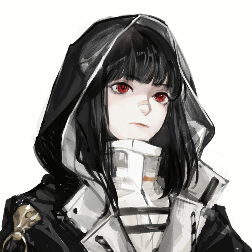 1girl, absurdres, bandaid, bandaid_on_face, bandaid_on_nose, black_hair, black_jacket, blunt_bangs