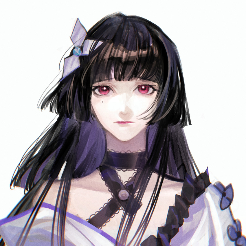 1girl, absurdres, black_hair, black_ribbon, blunt_bangs, blunt_ends, chinese_commentary, collarbone, colored_inner_hair, commentary, frilled_ribbon, frills, highres, hime_cut, japanese_clothes, kimono, long_hair, looking_at_viewer, mole, mole_under_eye, multicolored_hair, neck_ribbon, path_to_nowhere, pink_lips, purple_hair, purple_kimono, red_eyes, ribbon, shuriken_hair_ornament, simple_background, single_bare_shoulder, single_off_shoulder, solo, straight-on, sumire_(path_to_nowhere), white_background, zhao_junjun