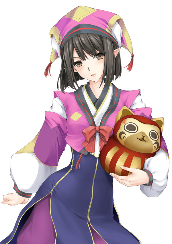 baggy_clothes, bangs, black_hair, blunt_bangs, blush, bow, brown_eyes, cat, crop_top, doll, dress, felyne, fingernails, flat_chest, hat, head_tilt, holding, japanese_clothes, kizuki_aruchu, konoha_(mhp3), long_fingernails, long_sleeves, looking_at_viewer, monster_hunter, monster_hunter_portable_3rd, open_mouth, parted_bangs, pointy_ears, ribbon, short_hair, side_slit, simple_background, smile, solo, standing, striped, yellow_eyes