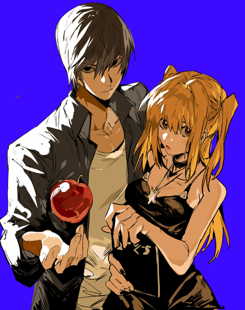absurdres, amane_misa, apple, black_dress, black_eyes, black_nails, blue_background, brown_eyes