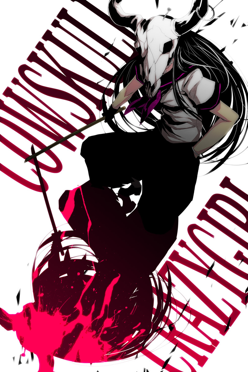 black_hair, cow_skull, gloves, highres, long_hair, long_skirt, mask, original, pixiv_manga_sample, pizaya, pleated_skirt, s_tanly, school_uniform, short_sleeves, skirt, skull, solo, sword, tail, weapon