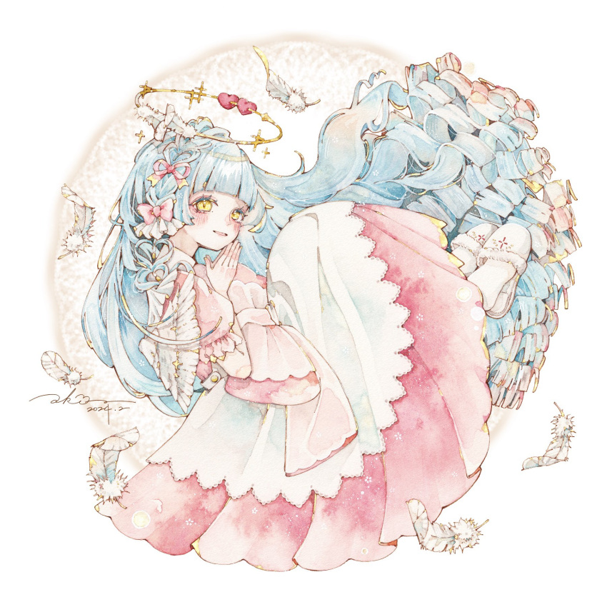 1girl, angel, angel_wings, apron, blue_hair, blunt_bangs, blush, bow, braid, curly_hair, dress, falling_feathers, feathered_wings, feathers, frills, full_body, hair_bow, halo, heart, highres, jinbeeezame, long_hair, looking_at_viewer, multiple_hair_bows, original, own_hands_together, painting_(medium), parted_lips, pink_bow, pink_dress, puffy_short_sleeves, puffy_sleeves, round_image, short_sleeves, signature, slippers, smile, solo, traditional_media, very_long_hair, watercolor_(medium), white_background, white_footwear, white_wings, wings, yellow_eyes