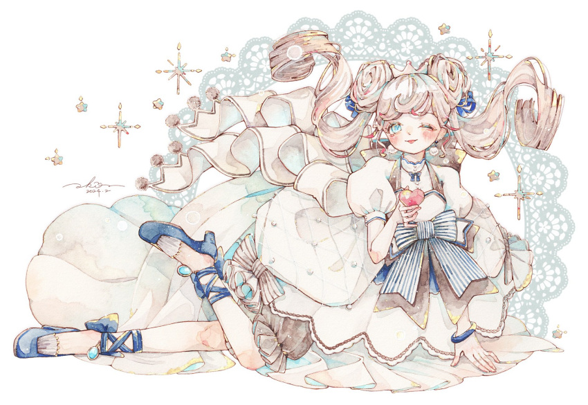 1girl, arm_support, back_bow, blue_bow, blue_eyes, blue_footwear, blue_ribbon, blush, bow, closed_mouth, double_bun, dress, dress_bow, earrings, frills, full_body, hair_bun, hair_ribbon, heart, high_heels, highres, holding, jewelry, jinbeeezame, lace_trim, layered_dress, long_hair, looking_at_viewer, multicolored_hair, necklace, one_eye_closed, original, painting_(medium), puffy_short_sleeves, puffy_sleeves, ribbon, short_sleeves, signature, smile, solo, sparkle, striped_bow, striped_ribbon, tiara, tongue, tongue_out, traditional_media, twintails, waist_bow, watercolor_(medium), white_background, white_dress