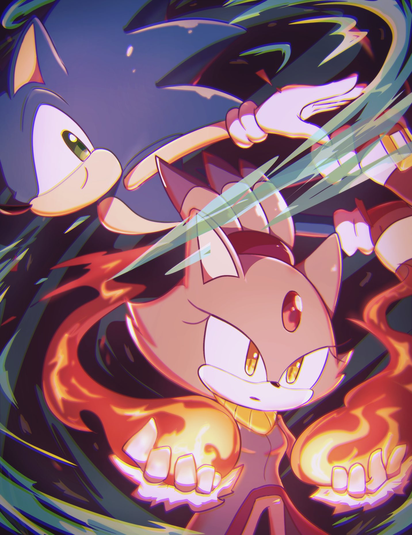 1boy, 1girl, animal_ears, blaze_the_cat, blue_fur, cat_ears, cat_girl, fire, forehead_jewel, furry, furry_female, furry_male, gloves, green_eyes, highres, jacket, machimo129, purple_fur, purple_jacket, smile, sonic_(series), sonic_rush, sonic_the_hedgehog, white_gloves, yellow_eyes