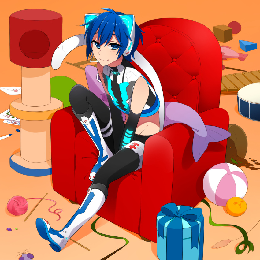 1boy, :3, animal_ear_headphones, animal_ears, armchair, ball, beachball, black_pants