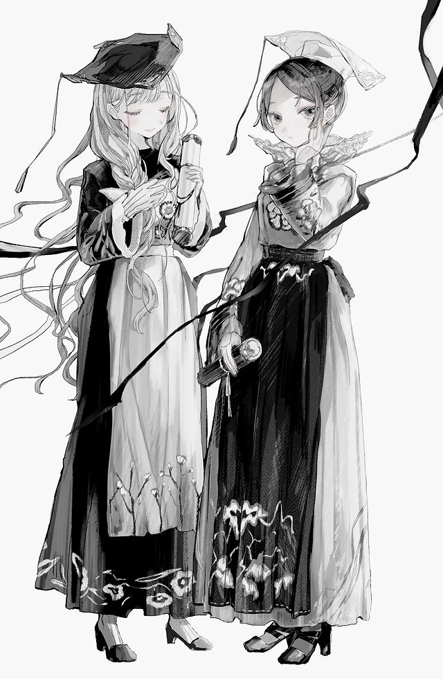 2girls, apron, black_headwear, closed_eyes, closed_mouth, dress, facing_viewer, floral_print