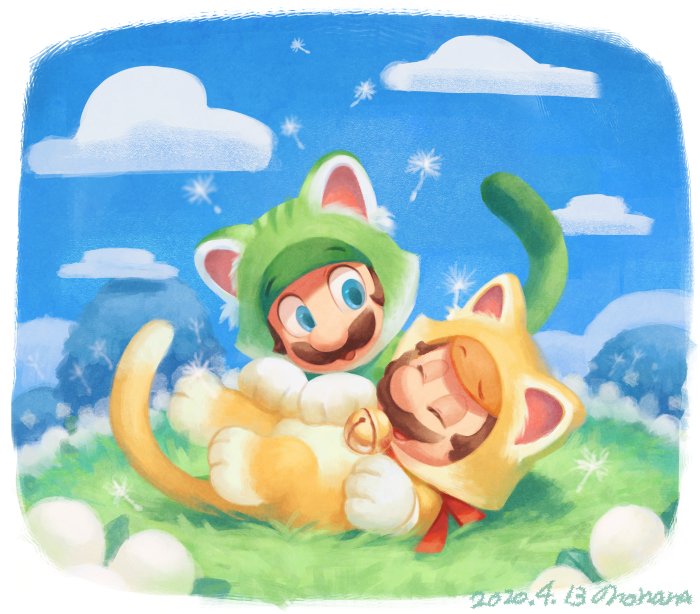 2boys, :d, ^_^, animal_costume, animal_ears, aqua_eyes, bell, blue_sky